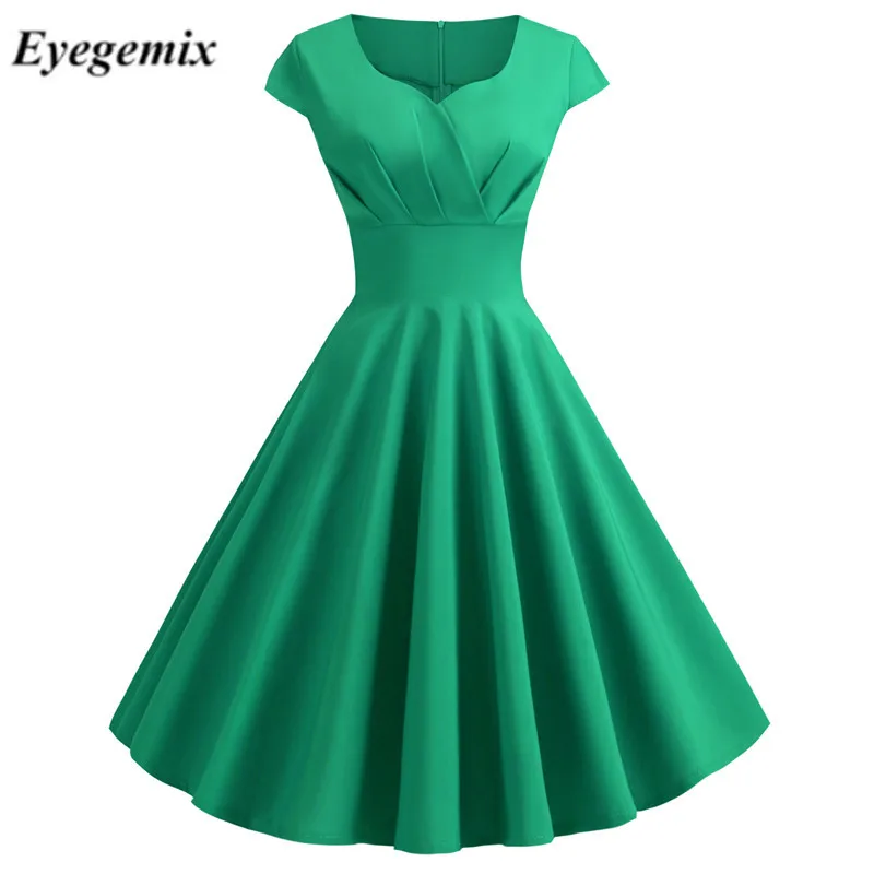 Летние платья винтажные элегантные с v образным вырезом однотонные Vestidos