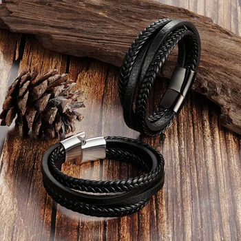 Fashion Simple Design Multilayer Leather Rope Hand Woven Stainless Steel Magnet Bracelet Men's Jewelry