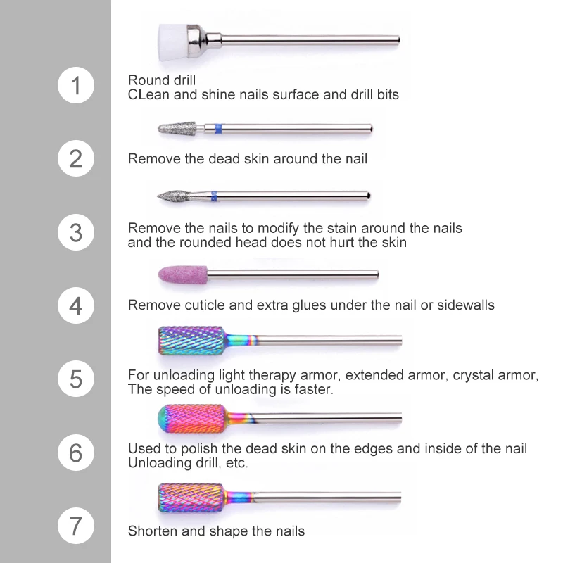 7 шт./компл. многофункциональная и сверлами для ногтей шлифовальный удалить УФ гель Auroras ногтей смешанные размеры, дизайн ногтей биты для дизайна ногтей инструменты