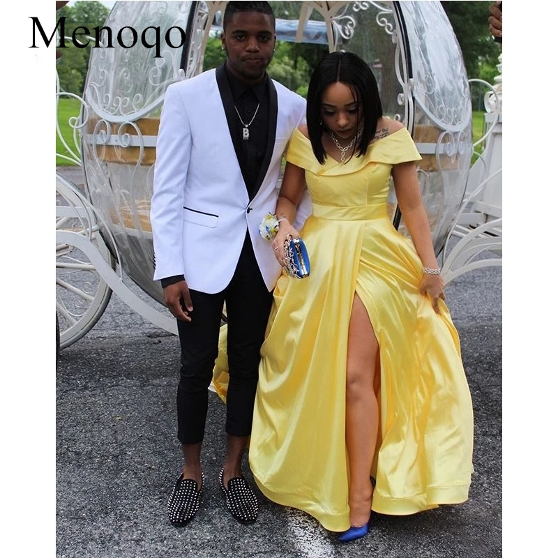 

Yellow Satin Evening Dresses A-Line Off the Shoulder High Leg Split Slit Sexy Prom Gowns Long Graduation