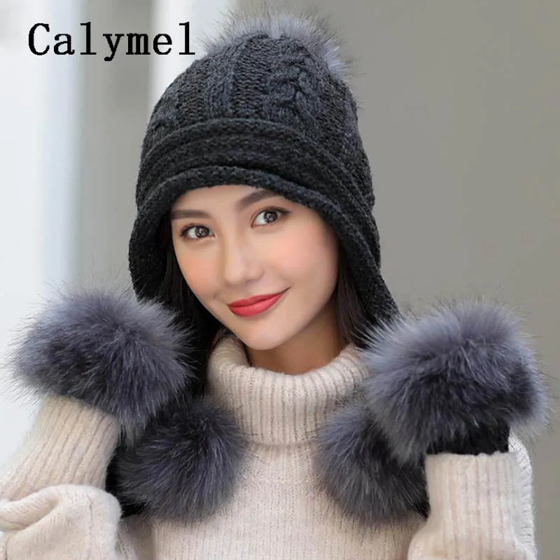 

Calymel Fashion Simple New Knitted Wool Hat Gloves Set Ladies Winter Warm Large Hairball Plus Velvet Thick Set