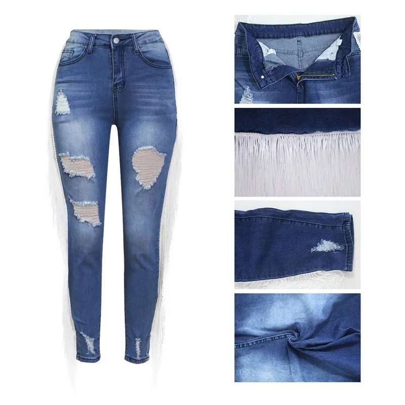 Эластичные Обтягивающие джинсы для женщин с высокой талией, новые тонкие узкие брюки с кисточками, белые Клубные длинные брюки - Цвет: Небесно-голубой