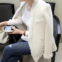 HAMALIEL, Высококачественная осенне-зимняя женская твидовая куртка, пальто,, подиумная шерстяная плотная белая верхняя одежда с кисточками и жемчужными пуговицами