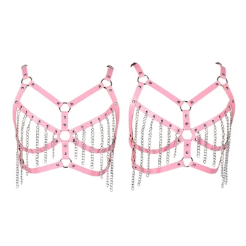 

Tassel Metal Chain Pink Leather Body Harness Cage Bra Sexy Lingerie Fetish Harajuku Punk Gothic Bondage Crop Tops Cosplay Rave