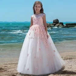 Розовый 3D с цветочным узором для девочек, вечернее платье отделка из бус бальное платье для первого причастия ели для девочек 2019 Vestidos Deminha