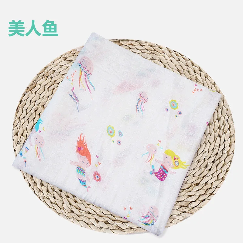 120*120CM Muslin swaddle wrap Cotton Double layer print Soft baby Blanket newborn Stroller Cover Sleepsack Gauze Bath towel - Цвет: Mermaid