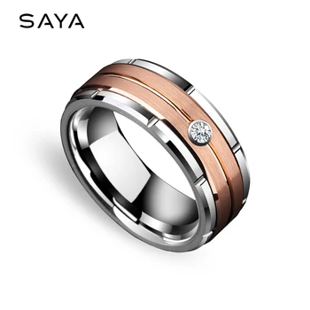 

Hot Selling 8mm Tungsten Wedding Band Rings for Man Woman Rose Gold Plated Brushed Finishing with White Cubic Zirconia Stone