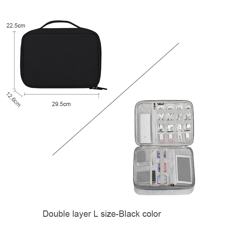 BUBM органайзер для электроники, аксессуары для путешествий, сумка для хранения USB кабелей, зарядных устройств, жесткого диска, банка питания, sd-карты - Цвет: Double layer L-Black