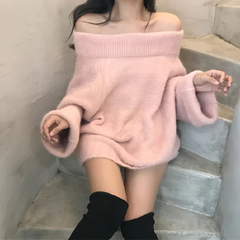 [EWQ] весна осень Slash шеи с длинным рукавом Твердые Лоскутные вязаные пуловеры Повседневный свитер женщин fashino tide AH999 - Цвет: pink colour