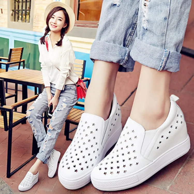 

Elevator Genuine Leather White Shoes Women's 2019 Spring And Summer New Style Hollow out Slanted Heel Thick Bottomed STUDENT'S S