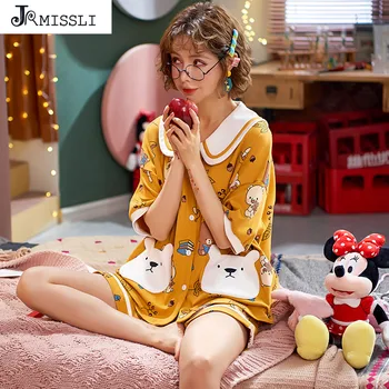 

JRMISSLI Sexy Sleepwear New Summer Homewear Turn-down Collar Pajamas Home Clothes For Women Loose Nighty Set Top Shorts Casual
