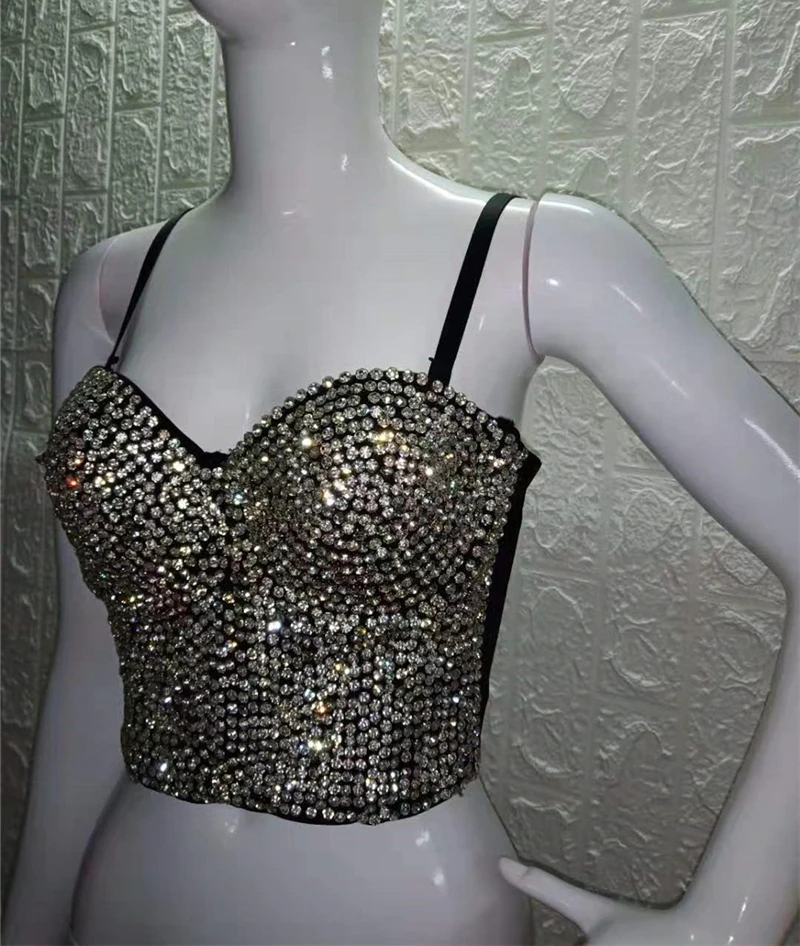 Bling Rhinestone Camis Sexy Spaghetti Strap Backless Low Neckline Diamante Crop Top Party Night Club Chic Camisole For Lady