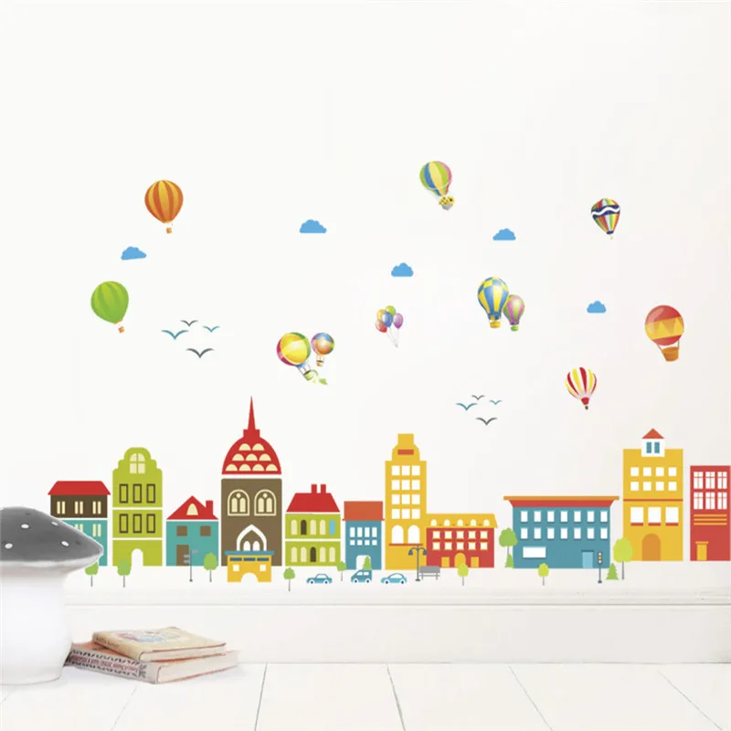

Городское здание с воздушным шаром, настенные наклейки для детского сада, детской комнаты, украшение для дома, «сделай сам», мультяшная роспись, искусство, ПВХ наклейка на стену