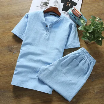 

2020 Summer Wear Men Fashion Flax Short Sleeve T-shirt Set Teenager Summer Cotton Linen Casual Two-Piece Set