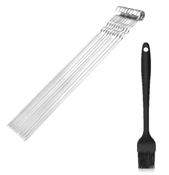 

Stainless Steel Bbq Meat Skewers Sticks with Storage Pouch Reusable Grilling Skewers Set and Baking Brush