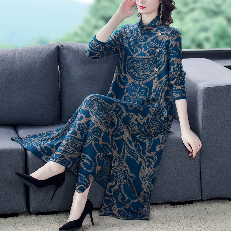 Blue Print 3XL Plus Size Turtleneck Wool Sweater Dress 2020 Autumn Winter Vintage Casual Knitted Sweaters Elegant Women Vestido