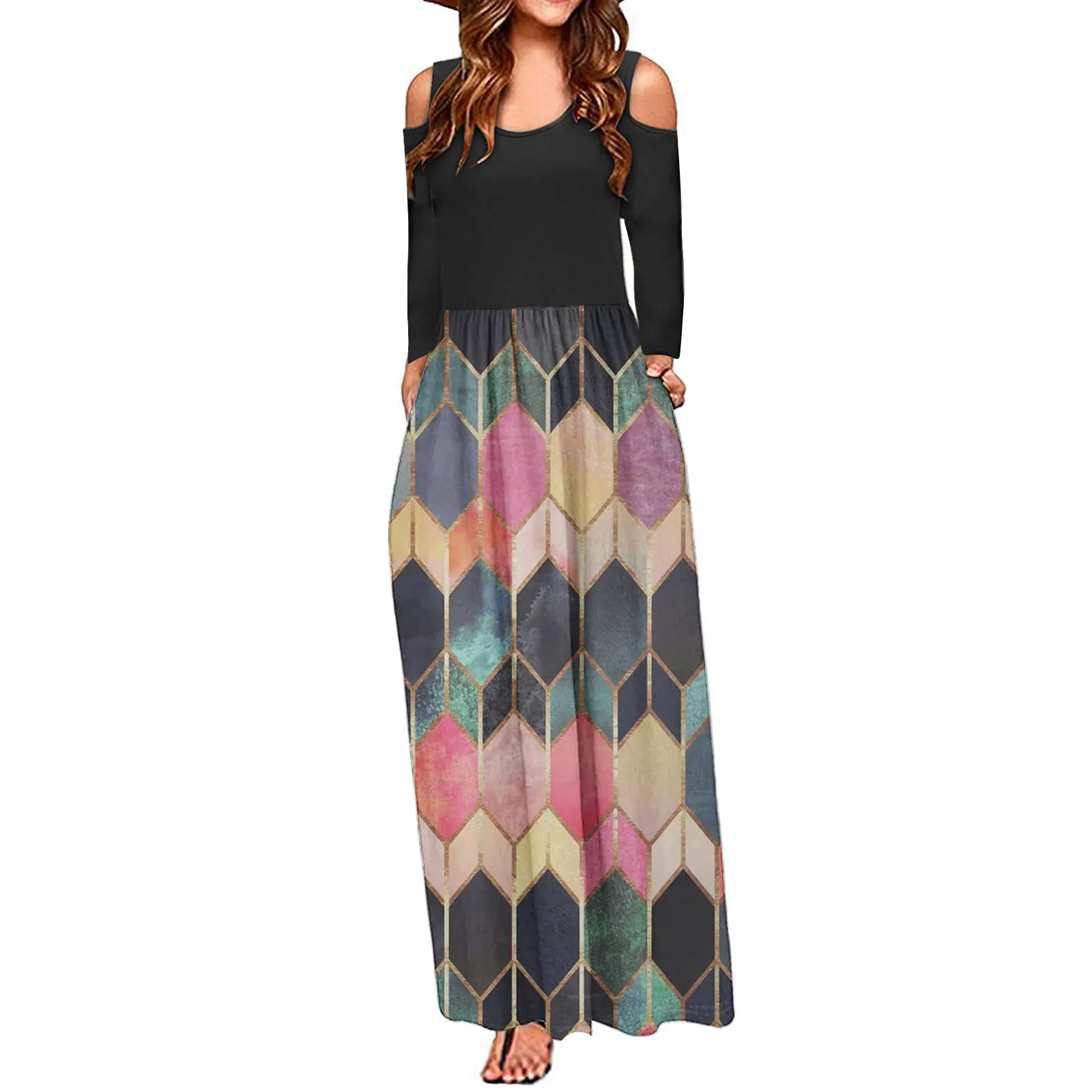 Plus Size Womens Fashion Off-Shoulder Halloween Print Long Sleeves O-Neck Dress Ladies Floor-Length Long Dress robe Vestido 2