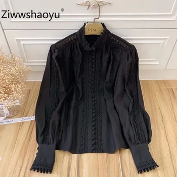 

Ziwwshaoyu 2020 Spring Summer Designer High Quality 100 % Cotton Black Lantern Sleeve Single-Breasted Blouse Shirt Women's