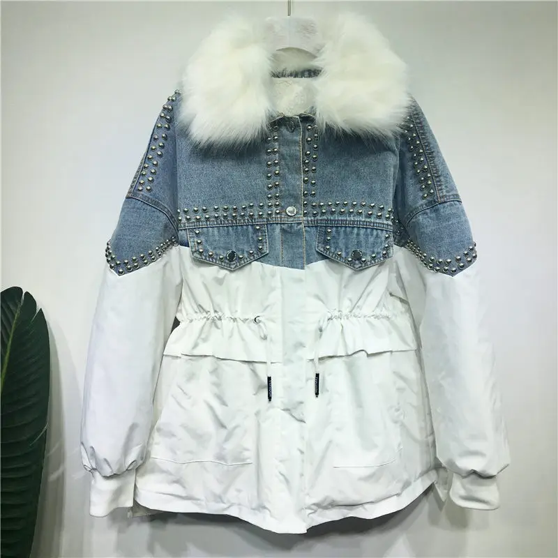 Женская длинная джинсовая куртка с меховым воротником свободная Толстая