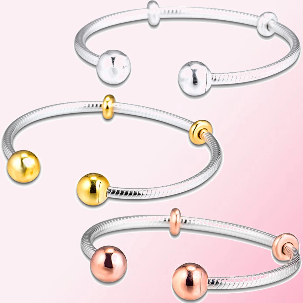 Осень 1:1, гламурные ювелирные изделия, 925 пробы, серебро, розовое золото, блестящая цепочка в виде змеи, Открытый браслет