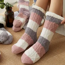 Женские зимние теплые хлопковые носки; плотные нескользящие носки-тапочки в полоску; флисовые Носки в стиле Харадзюку; женская модная новинка; 19 oct28