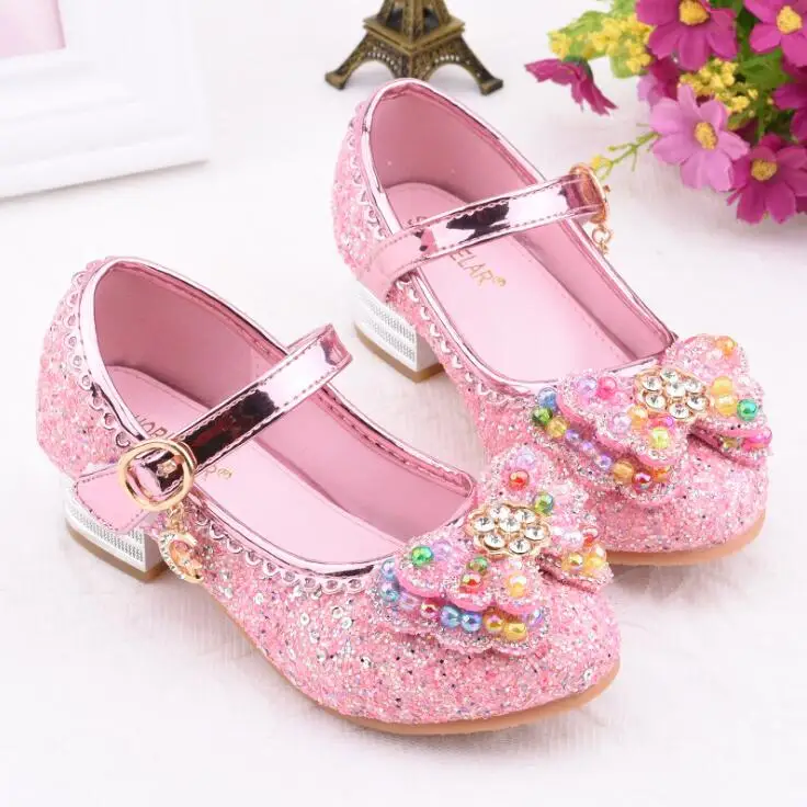 Children Princess Leather Shoes student dance shoes Girls High Heel Sandals Dress Kids Leather Glitter Crystal Shoes Banquet