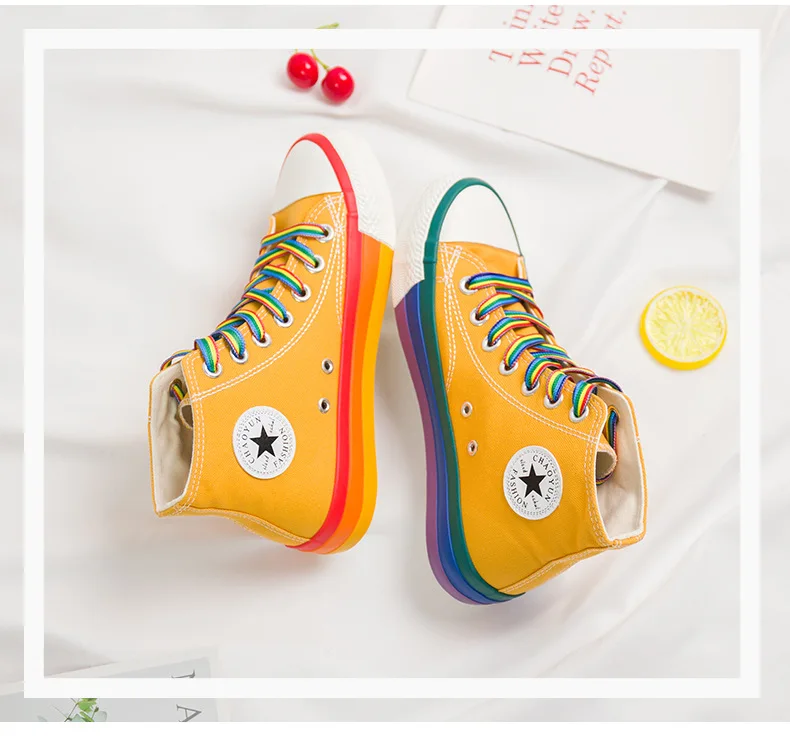SWYIVY Rainbow Bottom Casual Shoes Woman High Top Sneakers Cavans 2020 Spring Female Casual Shoes White Canvas Sneakers Oman