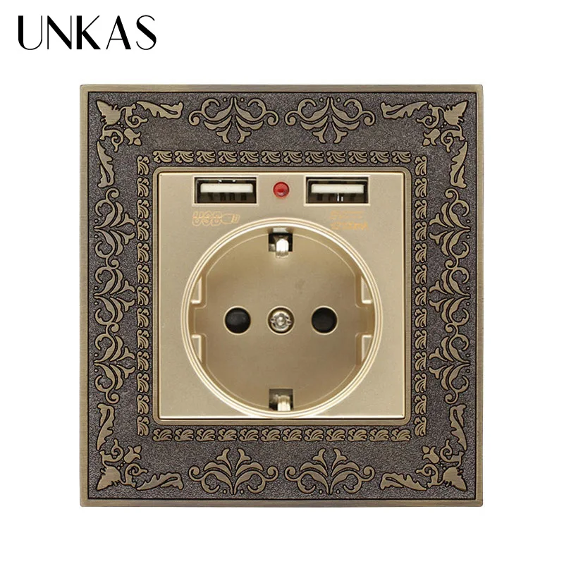 UNKAS Европейская стандартная настенная розетка с двойным USB 2.1A цинковый сплав высокого класса Ретро панель 16A Золотой порт для зарядки рельефная панель