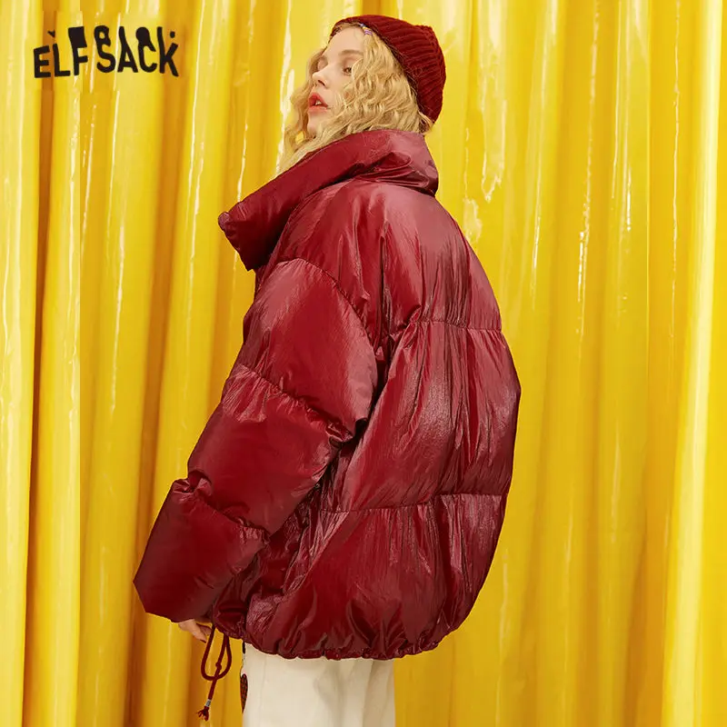 ELFSACK однотонные красные атласные прямые тепло пальто Для женщин зимние Silver Fox шнурок Повседневное женские офисные основы, верхняя одежда