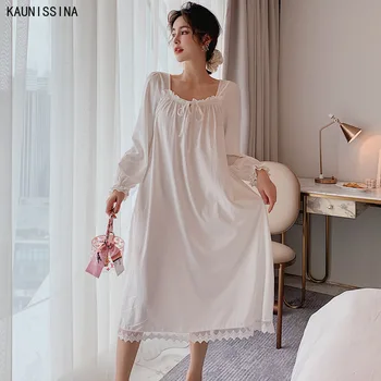 

Women Cotton Linen Nightgown Spring Autumn Sexy French Style Retro Court Long Sleeve Loose Princess Nightdress Long Sleepshirts