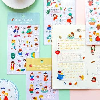 

4 sheet Hello Flora Stickers Set Cartoon Cute Girl Daily Brunch Shopping Gardening Flower Note Sticker Adhesive decoration F541