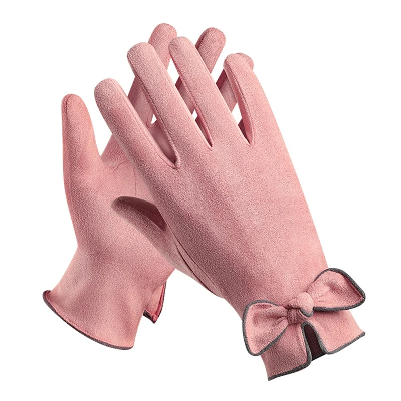 Полный палец перчатки женские теплые перчатки бантик сенсорный экран теплозащитные лыжные перчатки для катания на лыжах на открытом воздухе Handwear - Цвет: Розовый