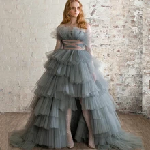 Fivsole – robe de soirée en Tulle bleu poussiéreux, magnifique robe de bal longue à volants, ligne A, à plusieurs niveaux, sans manches, dos nu 