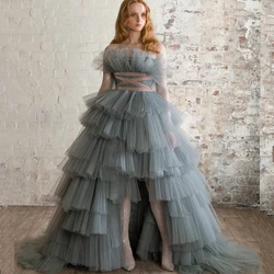Fivsole Gorgeous Dusty Blue Ruffled Tulle Prom Dresses Long A Line Tiered Evening Gown Sleeveless Backless Party Dress
