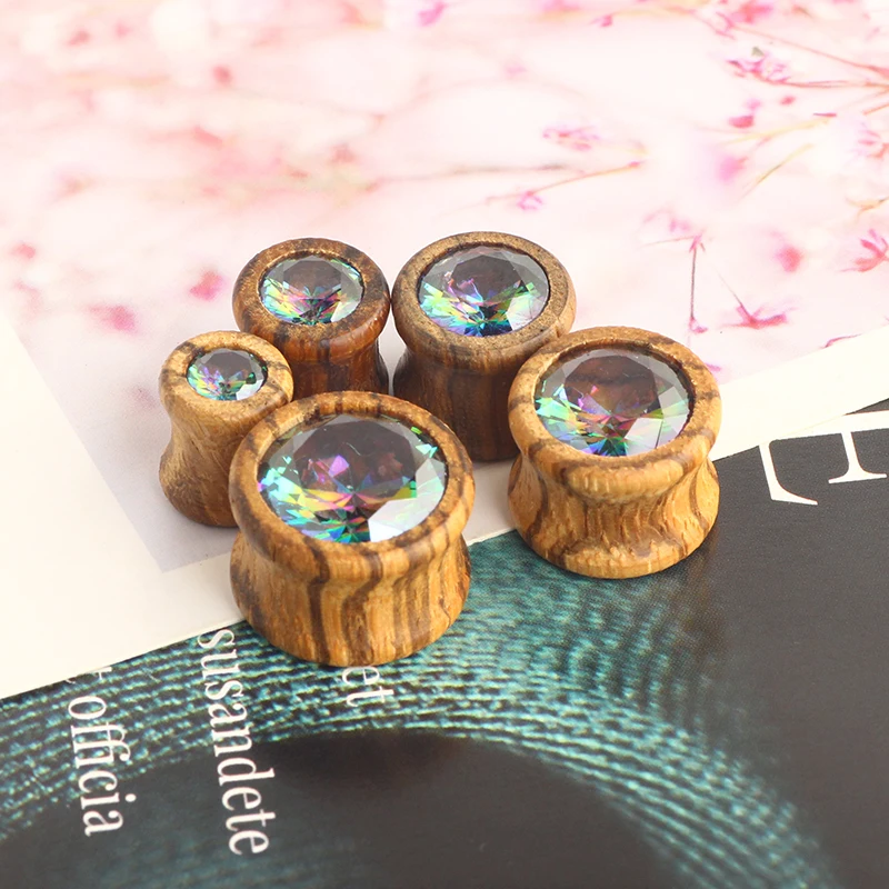 Crystal Zircon Wood Ear Plug And Tunnel Flesh 8-16mm Wooden Ear Tunnel Plug Earrings Gauge Stretcher Plugs Oreja Dilataciones