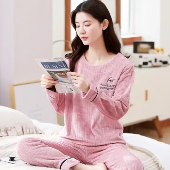 

2020 Autumn Winter New Flannel Pajamas Suit Soft Women Nightwear 2PCS Sleepwear Coral Fleece Warm Home Clothes Intimate Lingerie