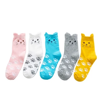 

5 Pair Newly Candy Color Animal Cat Ear Footprints Pattern Cartoon Socks Autumn Winter Women Casual Socks