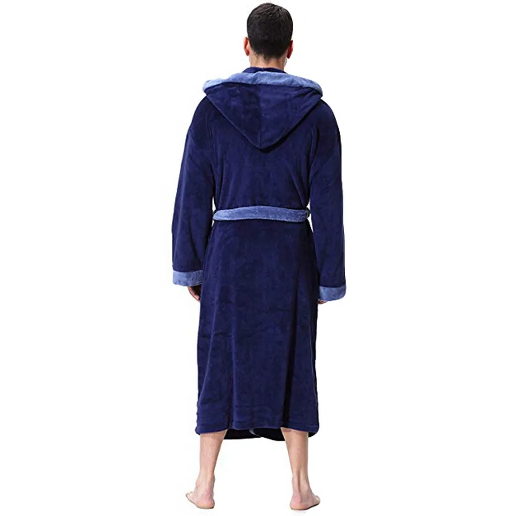 hooded Bathrobe men robe sleepwear Plush winter Lengthened Patchwork Long Sleeve Robe badjas d90914