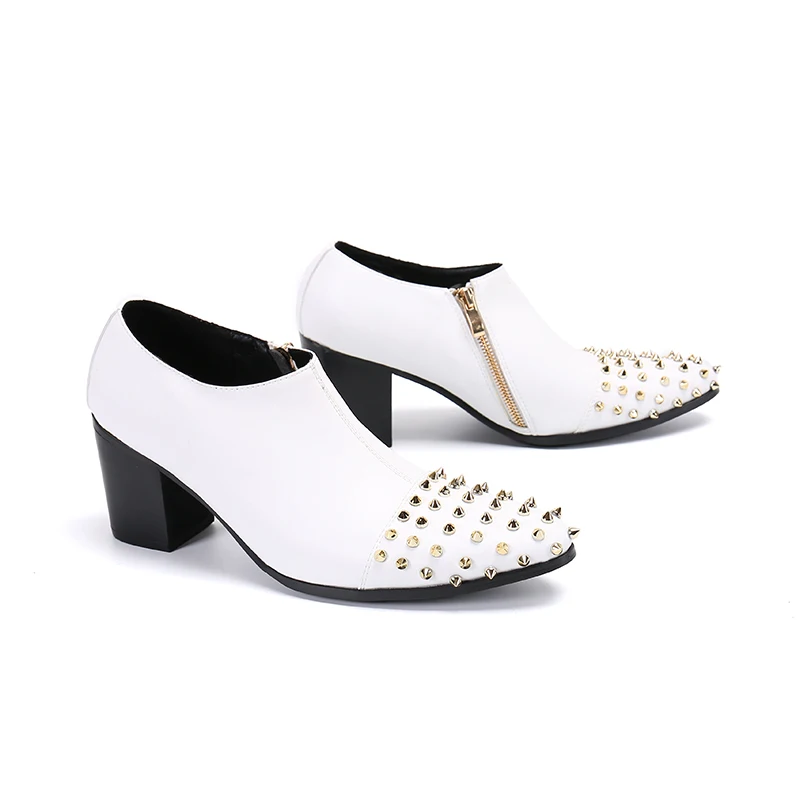 

Дизайнерские белые мужские классические туфли на высоком каблуке, мужские официальные туфли из натуральной кожи с заклепками, обувь для ночного клуба с увеличением роста, Мужские классические ботинки