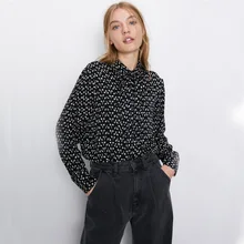 ZA 2019 Herfst Nieuwe Zwarte Gedrukt Boog Shirt Fashion Vrouwen Kleding Casual Lange Mouwen Slim Shirt Party Travel Vakantie Groothandel(China)