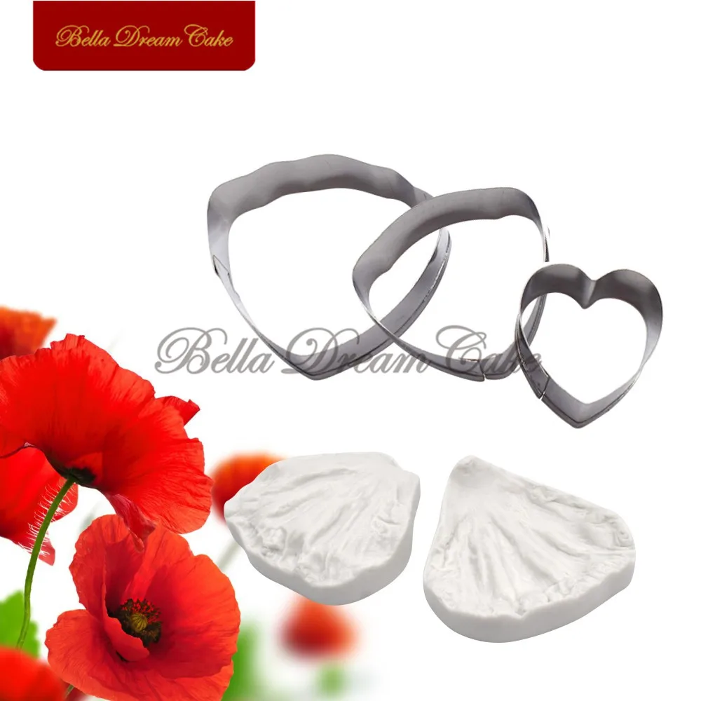 5pcs/set Poppy Petal Veiner Silicone Molds Stainless Steel Cutter Mold