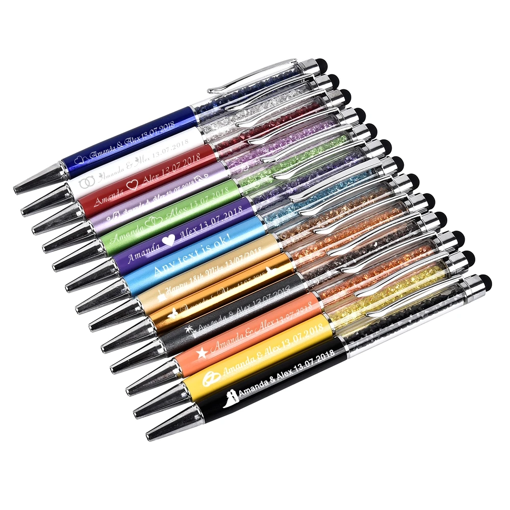 

100 Sets Personalized Engraved Crystal Metal Pens Touch Screen Wedding Gift Favors Ballpoint Pens For Business Logo Party Gift