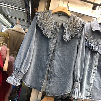 

Denim Blouse Women's Clothing 2020 Spring New Hand-Made Beaded Ruffle All-match Denim Shirt Jean Shirts Girls Ladies Blusas Tops