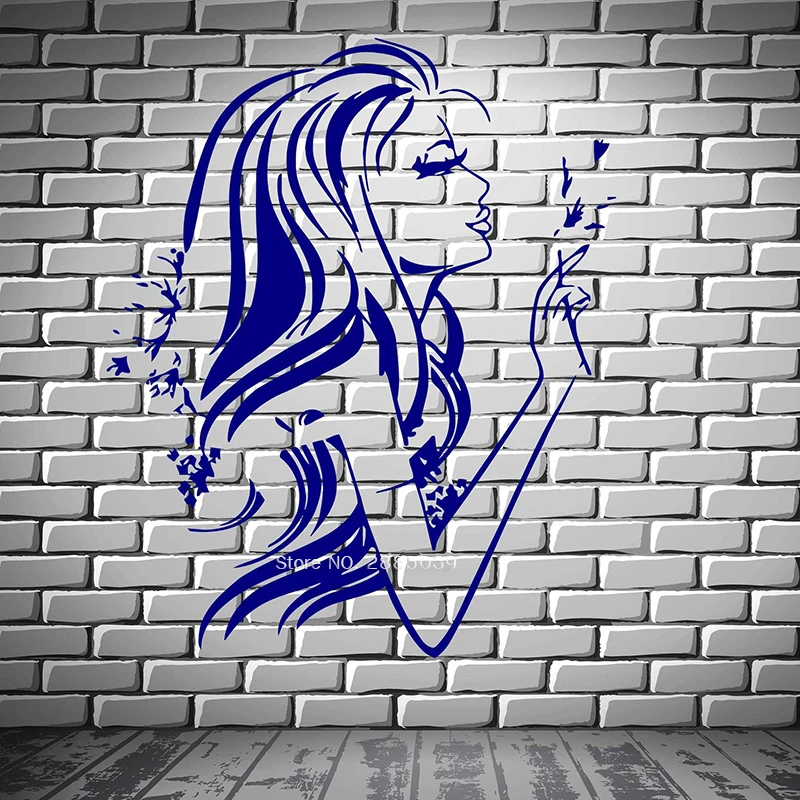 Beautiful Woman Hair Salon Decals Silhouette Long Hair Decor Wall Mural
