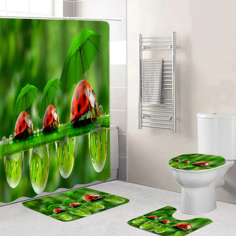 

4 Pcs Shower Curtain/Bath Mat/Toilet Pad Set Waterproof Bathroom Shower Curtain Toilet Cover Mat Non-Slip Floor Mat Rug 12 Hooks