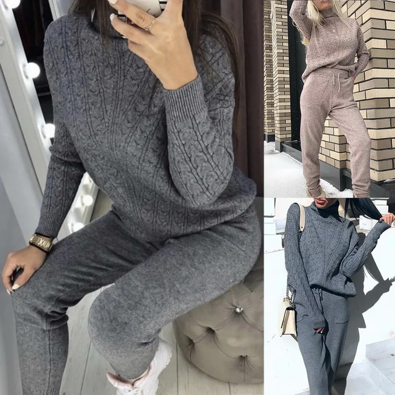 2 Pieces Woman Knitted Suits Wool Warm Sports Sets Ladies Turtleneck Sweater+Pants Casual Autumn Winter Slim Tracksuits New