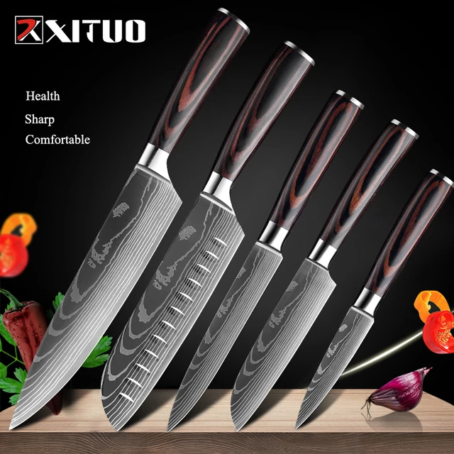 XITUO Chef knife 1-10 Pcs Set Kitchen Knives Laser Damascus Pattern Sharp Japanese Santoku Knife Cleaver Slicing Utility Knife 5 PCS Value set 01