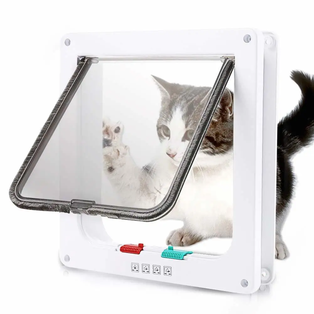 Cat Door Pet Door Dog Cat Flap Door 4 Way Lock Security Flap Door For Cats Kitten ABS Plastic Small Dog Gate Pet Chip