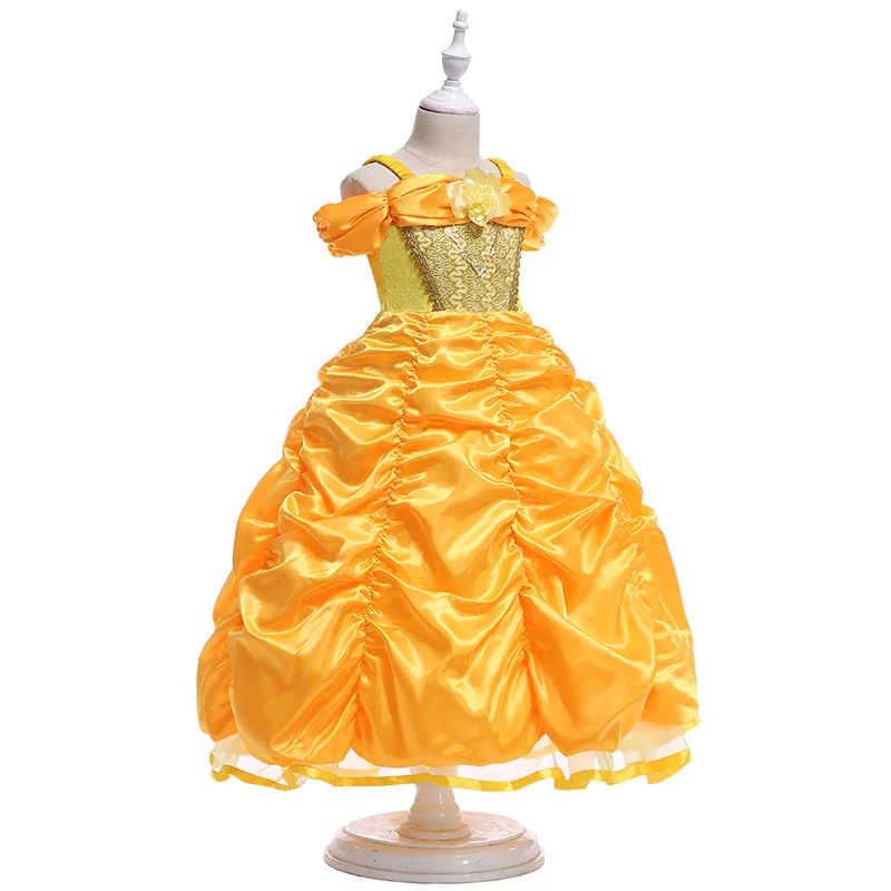 Dresses discount Princess Belle Dress for Girl Kids Floral Ball Gown Child Cosplay Bella Beauty and The Beast Costume Fancy Party dresses blue