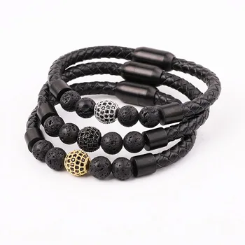 High Quality 316L Stainless Steel Clasp CZ Pave Ball Genuine Leather Bracelet Men Jewelry Gift